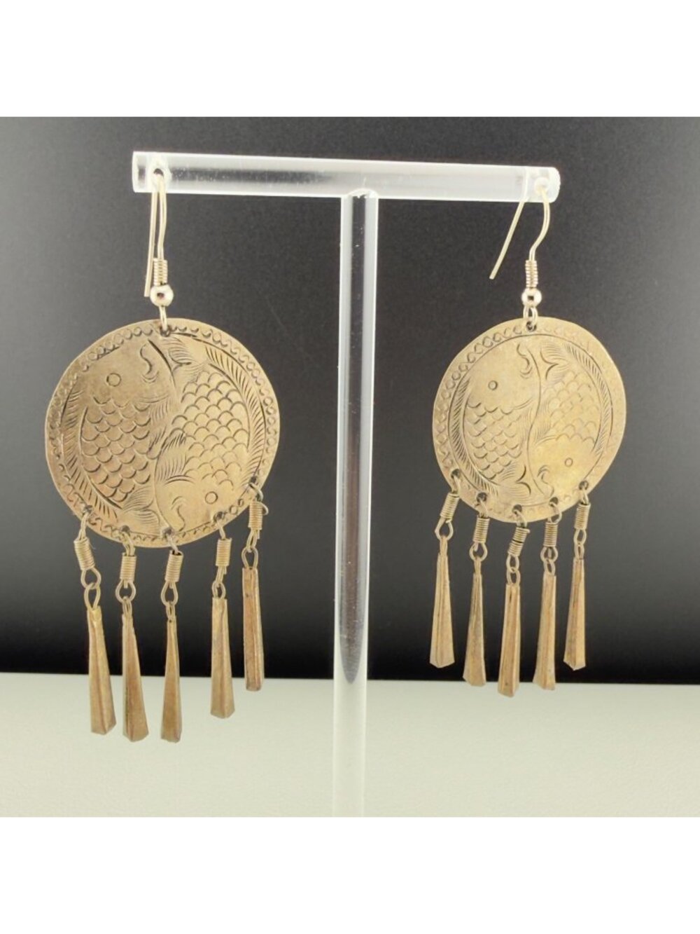 Vintage Koi Fish Dangle Earrings Silver Tone Etched Boho Festival